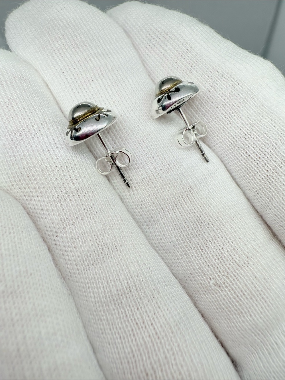 Sterling Silver Two-Tone Dome Stud Earrings - Silver & Gold Accent - Picture 6 of 14